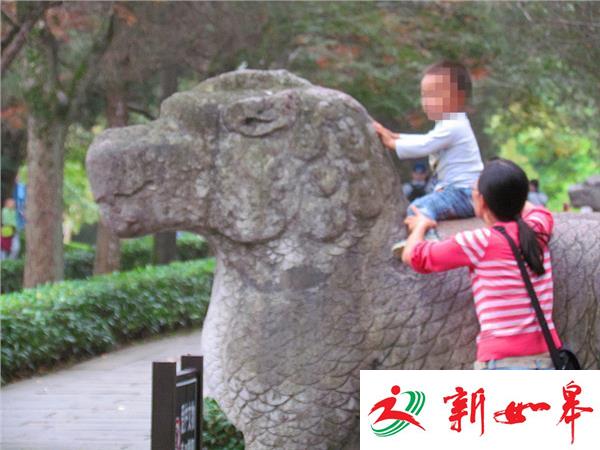 外国妈妈游览景区 抱孩子坐600多年神兽拍照留念-雉水网