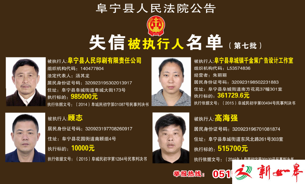 阜宁法院发布第七批失信被执行人名单-雉水网