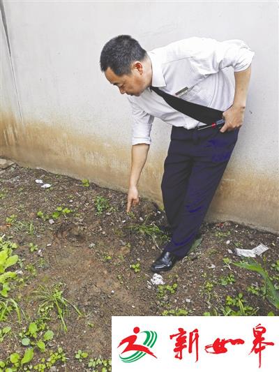 物业公司人员发现孩子坠落的位置，泥土中头部位置内陷深达近十公分