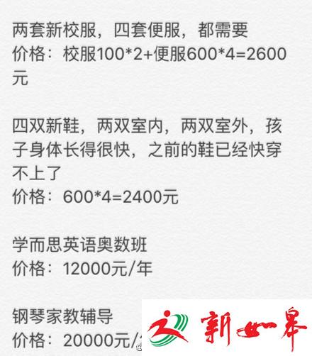 北京网友晒小学生11万开学清单(图)